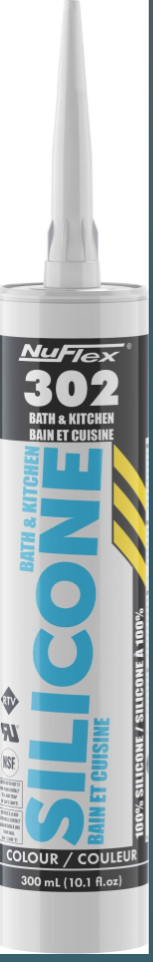 Caulking, Nuflex 302 Silicone, Kitchen & Bath, WHITE, 300 ml