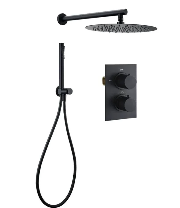 Matte Black Thermostatic Shower Set - Rain Shower Head, 8-12"